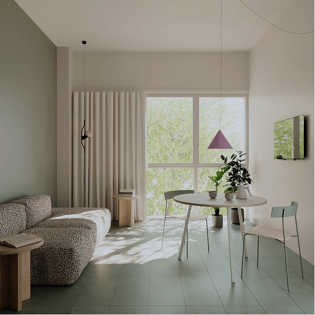 The living area of a one-bedroom apartment at WAO Certosa: sofa, round table and a large window onto greenery