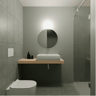 The private bathroom of an apartment at WAO Certosa, with shower, basin on a wooden shelf and a round mirror