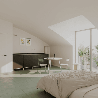 Top-floor studio at WAO Certosa: bed, fitted kitchen and a glass door onto the terrace