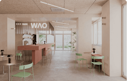 The WAO bar and restaurant: counter, small tables and green seats under ceiling lights