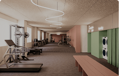 The WAO gym with treadmills, weight machines and a wooden bench
