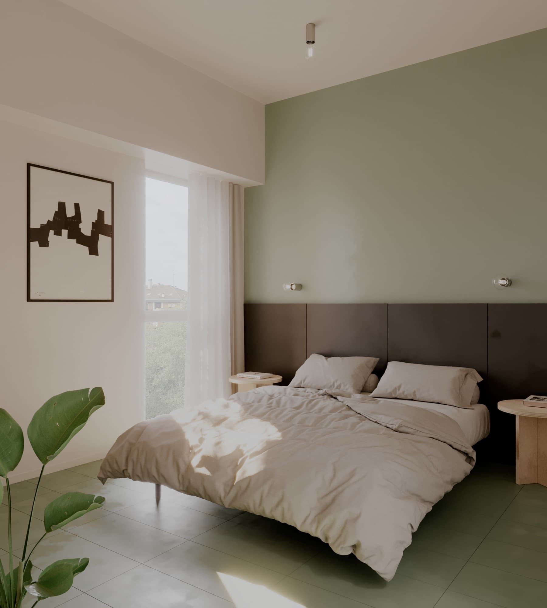 Bedroom of an apartment at WAO Certosa, with a dark wooden headboard and a sage green wall