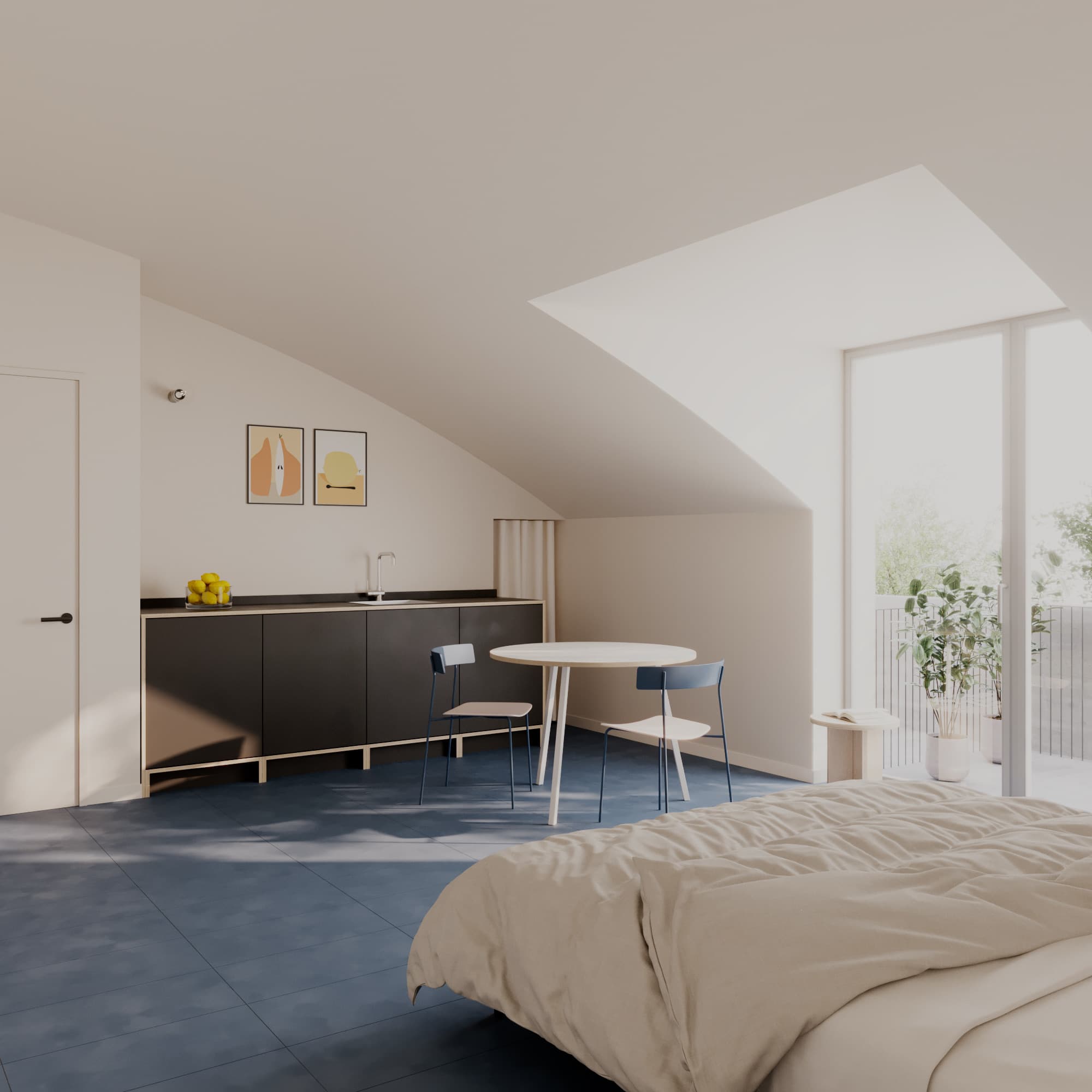 Top-floor studio at WAO Certosa: sloped ceiling, blue floor and a glass door onto the private terrace