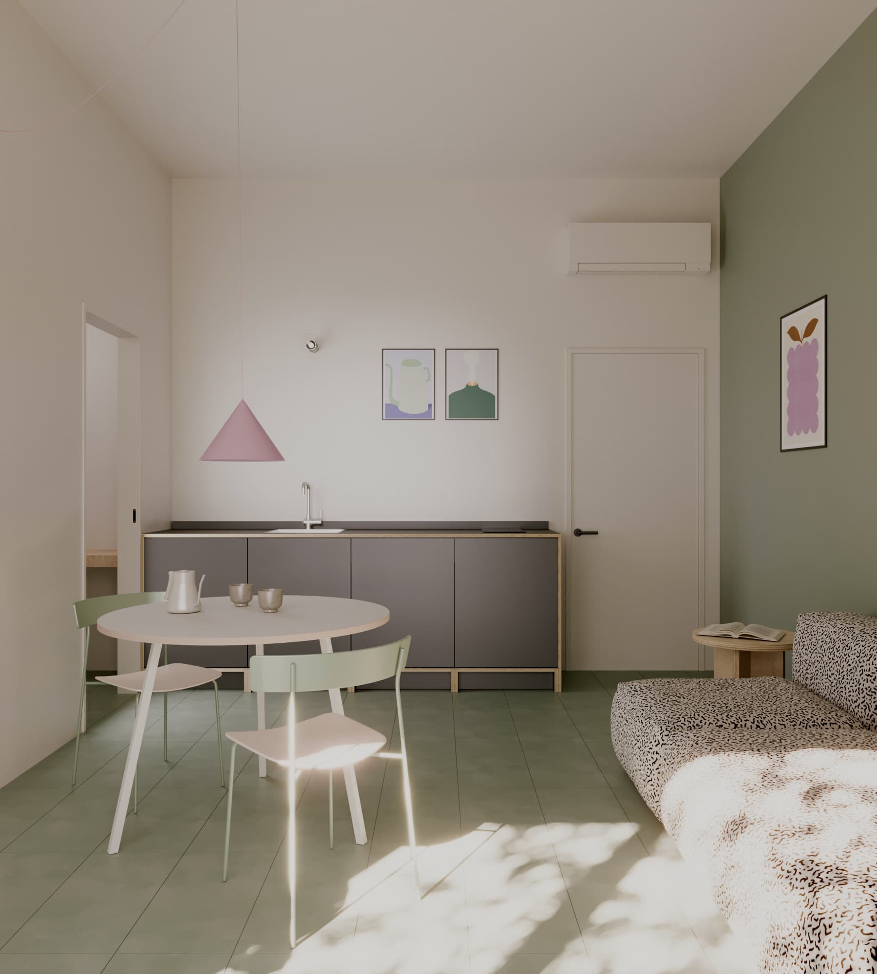 Living area of an apartment at WAO Certosa with a fitted kitchen, dining table and air conditioning