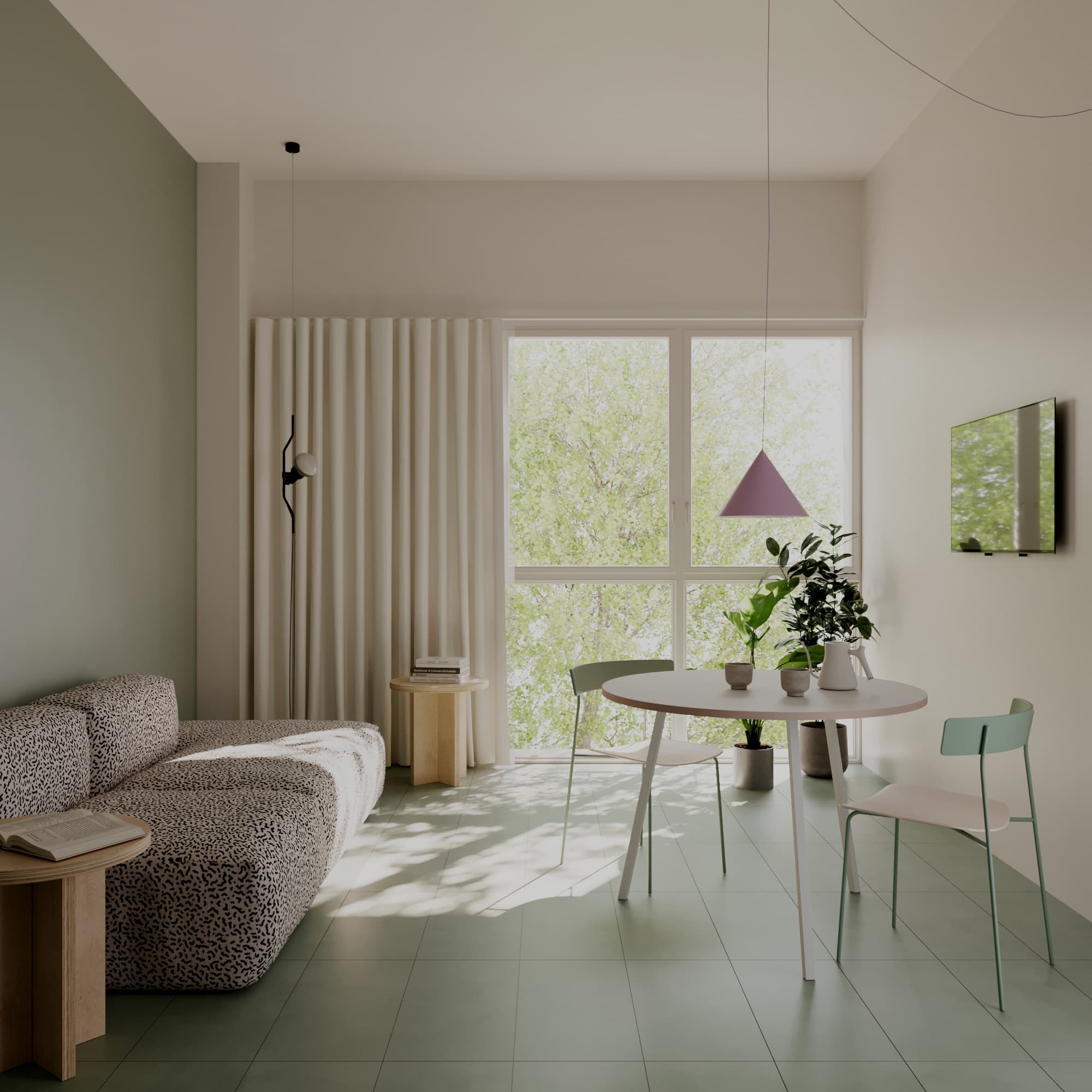 The living area of an apartment at WAO Certosa: sofa, round table and a large window onto greenery
