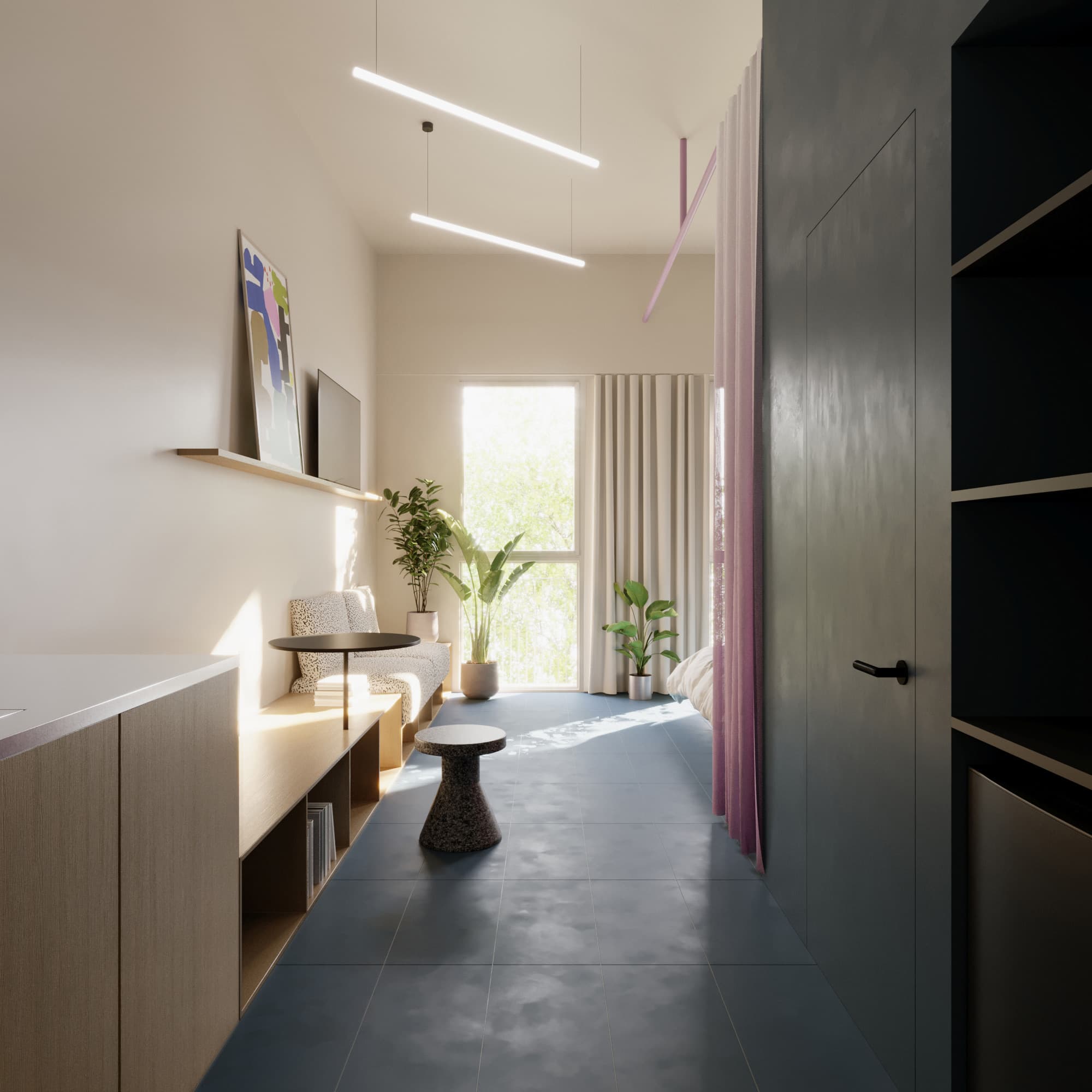 Living area of a furnished WAO apartment, with a wall unit and plants