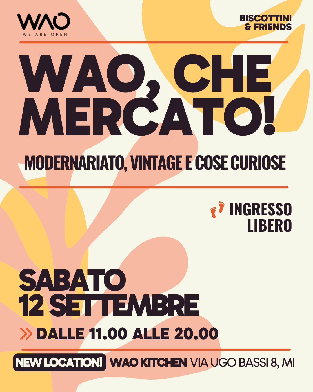 Poster “WAO, che mercato!”: mid-century, vintage and curiosities, Saturday 12 September from 11am to 8pm, free entry, WAO Kitchen, via Ugo Bassi 8, Milan