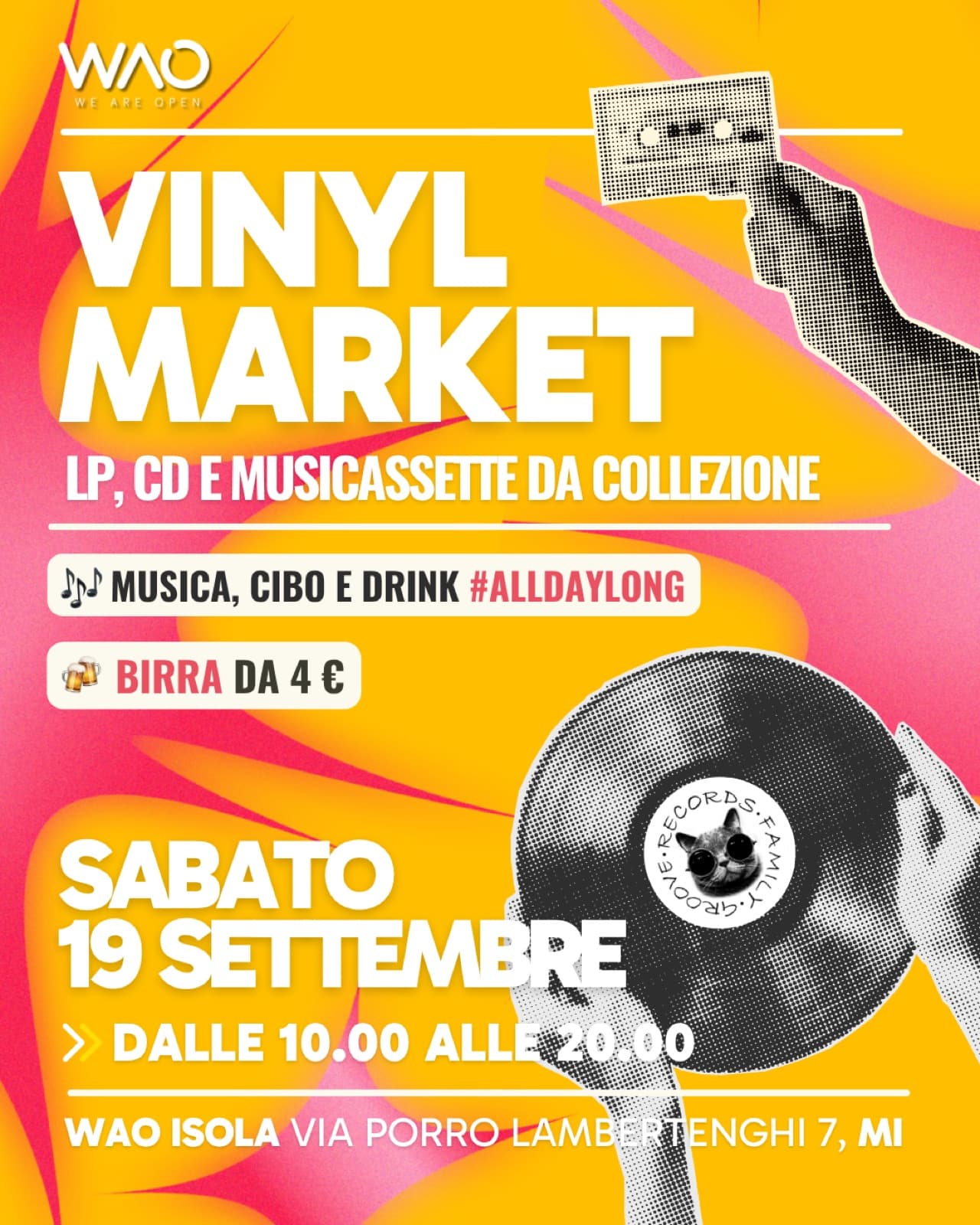 Poster “Vinyl Market”: collectible LPs, CDs and cassettes, Saturday 19 September from 10am to 8pm, music, food and drinks, WAO Isola, via Porro Lambertenghi 7, Milan